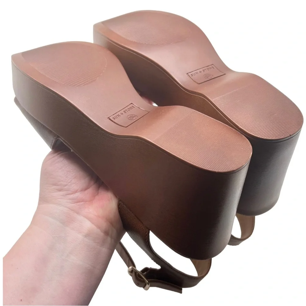 Sun + Stone Audreey Platform Wedge Ankle Strap Sandal Cognac Size 9.5